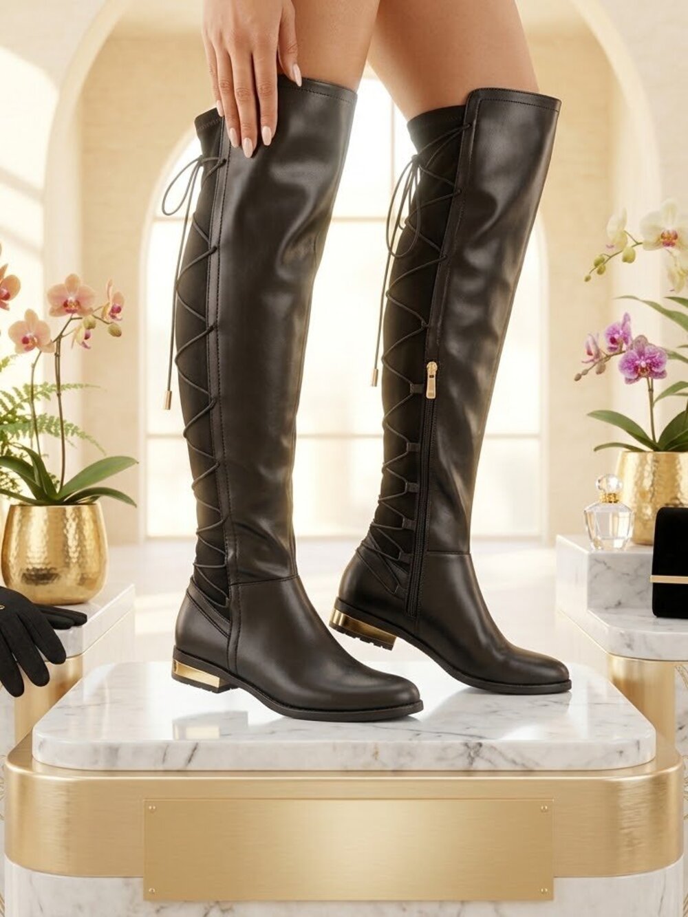 Black Gold Faux Leather Over The Knee Thigh High Rear Lace up Flat Boots 9